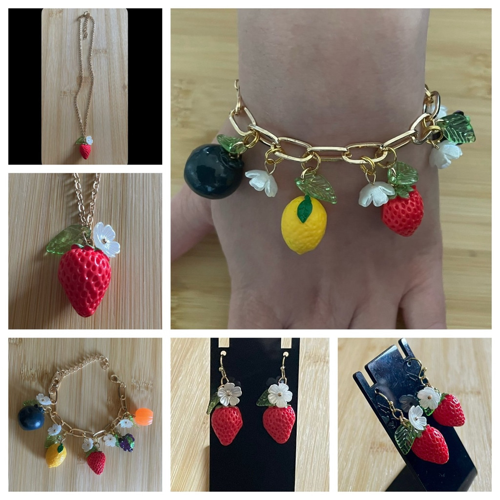 Strawberry Blossom Charm Bracelet Earrings Necklace Set 25$